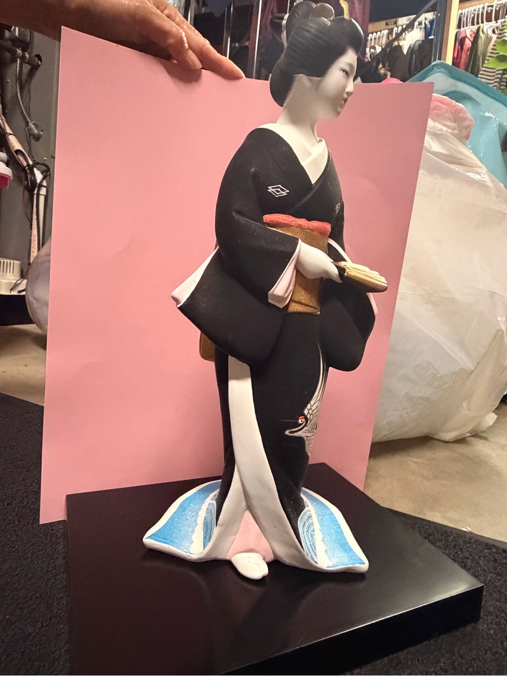 Porcelain Geisha Figurine in Black Kimono w/ Stand